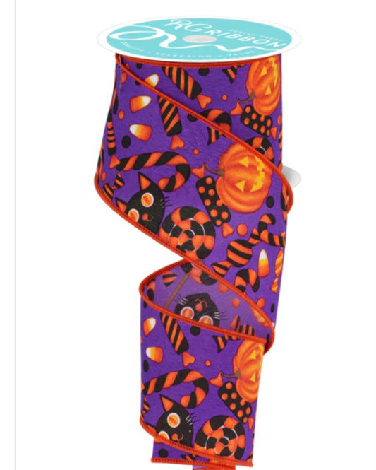 10 Yards - 2.5” Wired Pumpkin Cat Candy Purple Background Ribbon