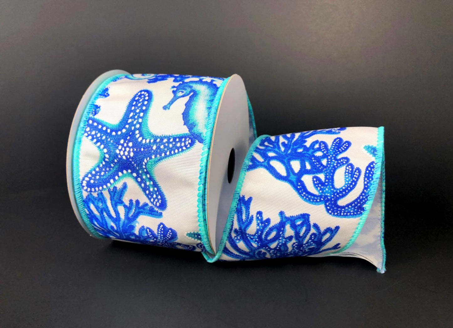 10 Yards - 2.5” Wired Blue and White Beach Ribbon