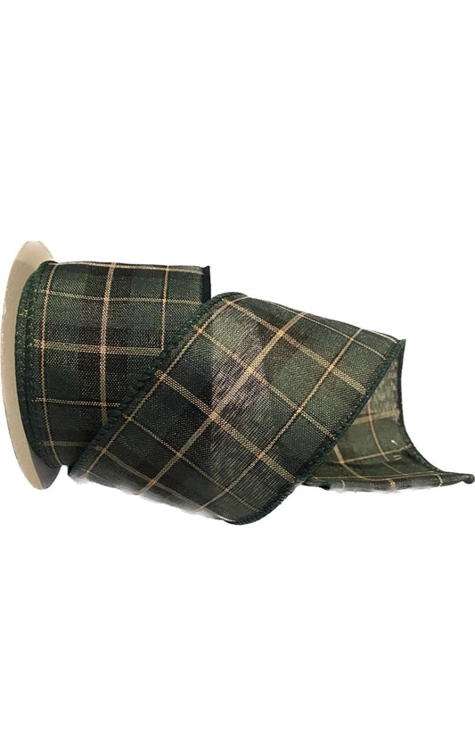 Wired Green and Black Plaid with Thin White Lines Ribbon- 2.5”x10 Yards