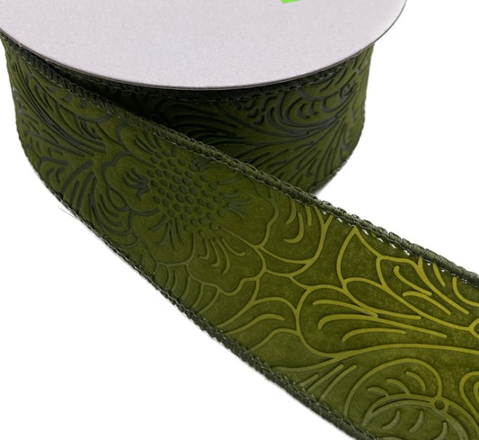 10 Yards - 1.5” Wired Olive Moss Green Floral Embossed Ribbon