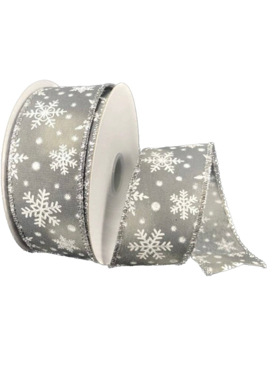 10 Yards - 1.5” Wired Sparkly Gray and White Snowflake Ribbon