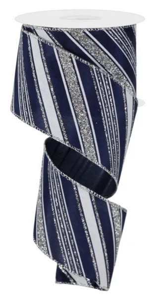 Wired Navy Blue and White Silver Glitter Swirl Stripe Ribbon- 2.5”x10 Yards