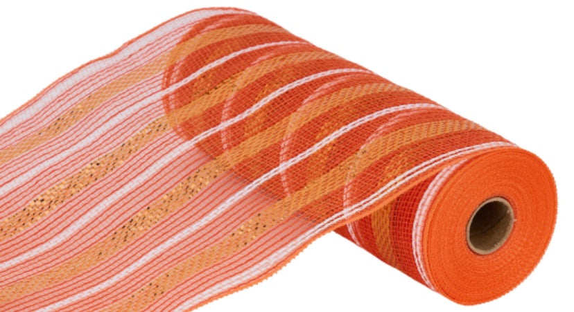 10.5 inch x 10 Yards Orange with White Stripe Poly Faux Jute Metallic Mesh