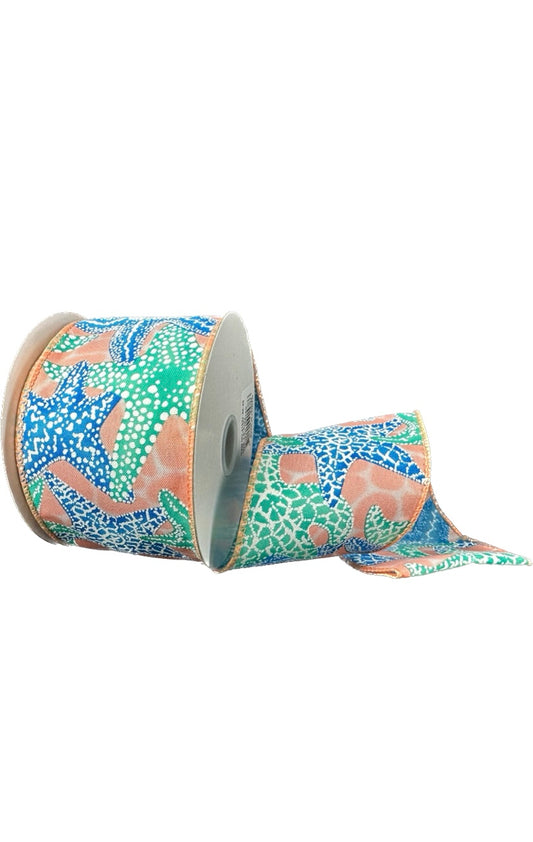 10 Yards - 2.5" Wired Coral Water Satin with Teal and Blue Starfish Ribbon - Beach Ribbon