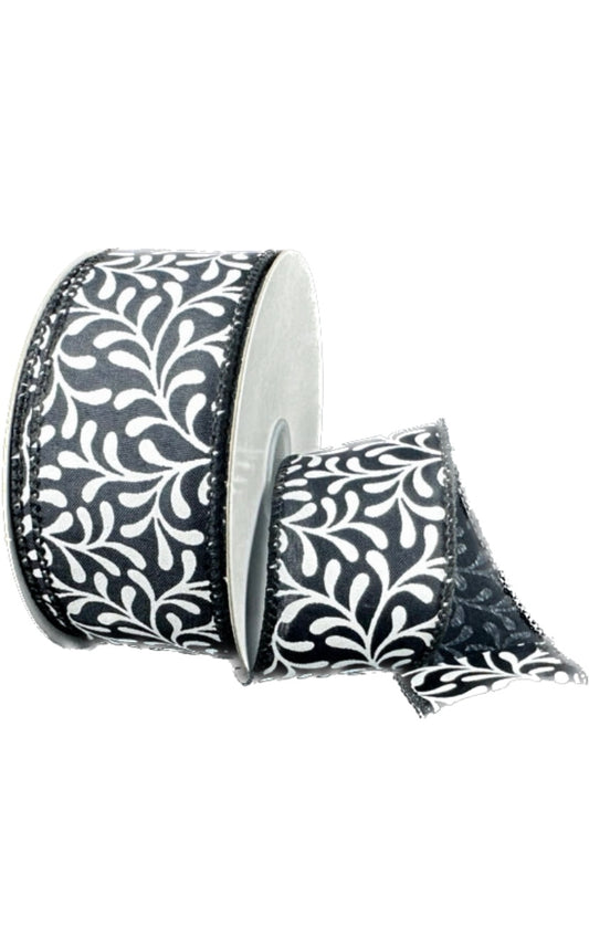 Wired Black Satin White Rounded Vines Ribbon- 1.5” x 10 Yards