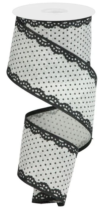 Wired Gray and Black Swiss Dot Ribbon with Black Lace Detail-2.5”x10 Yards