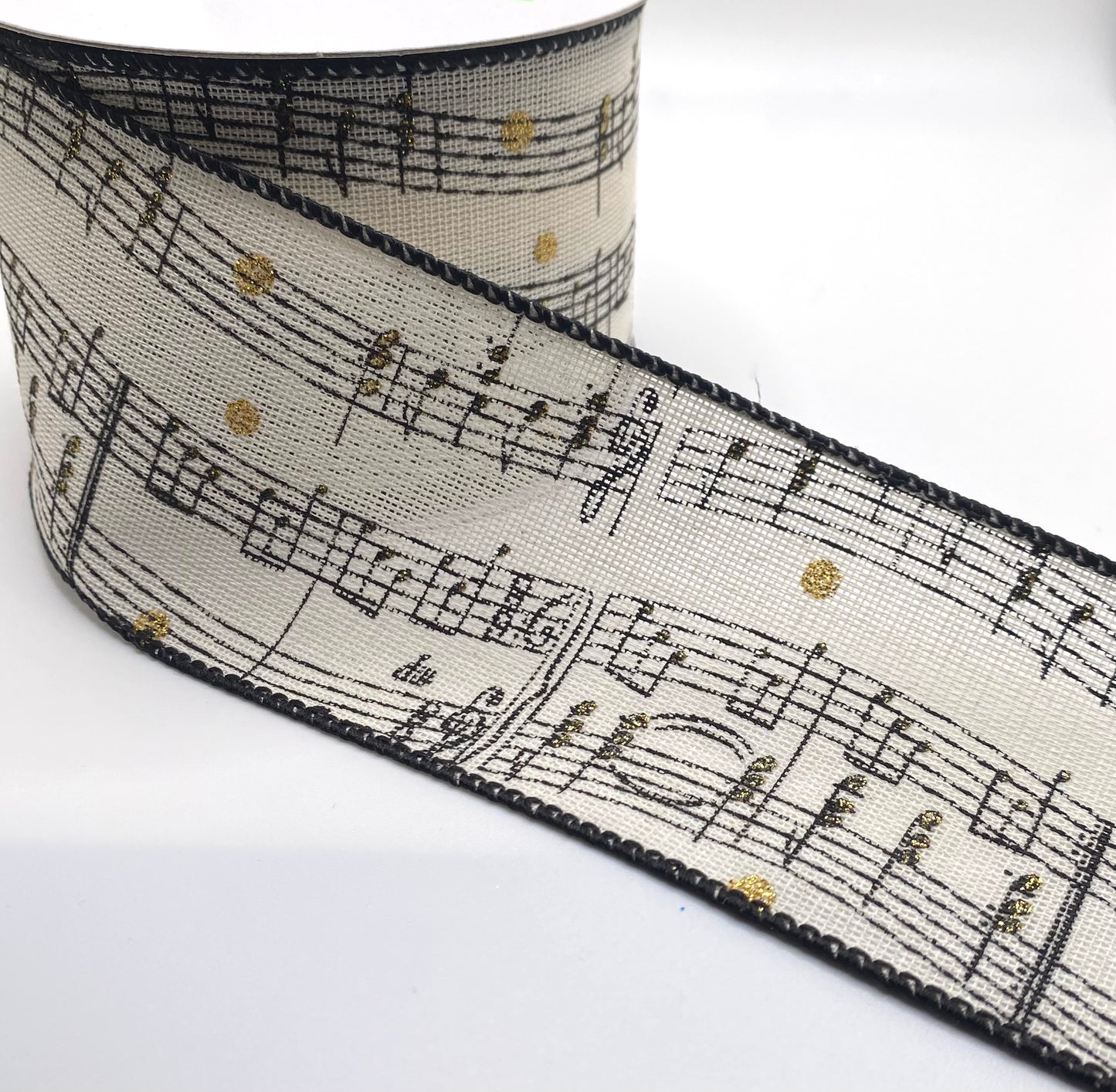 10 Yards - 2.5” Wired Ivory Linen Musical Sheet Gold Glitter Accent Ribbon