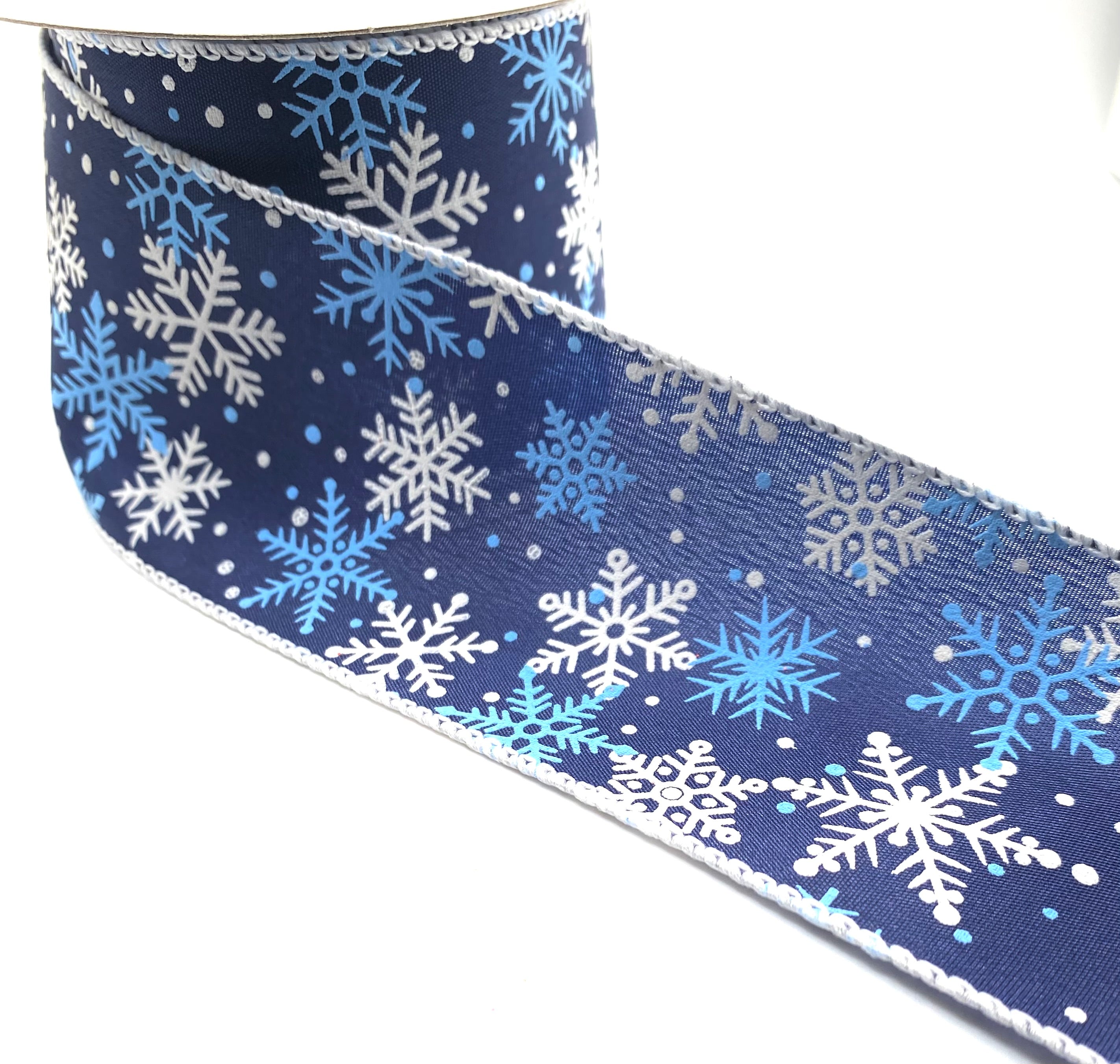 10 Yards - 2.5” Wired Navy Satin White and Blue Snowflake Ribbon ...