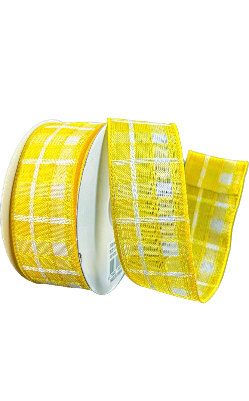 Wired Yellow and White Kentini Plaid Ribbon-1.5”x10 Yards