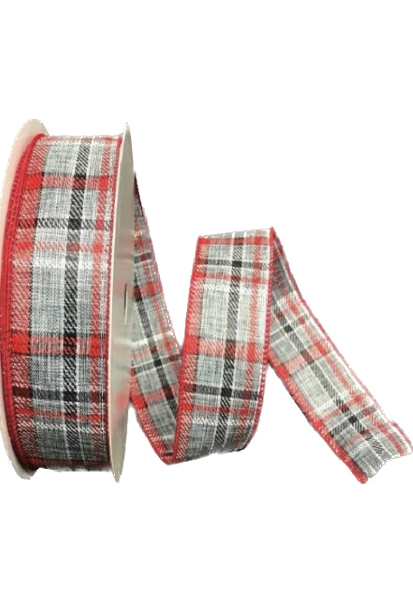 50 Yards - 1.5” Red, Black and Gray Christmas Plaid Ribbon