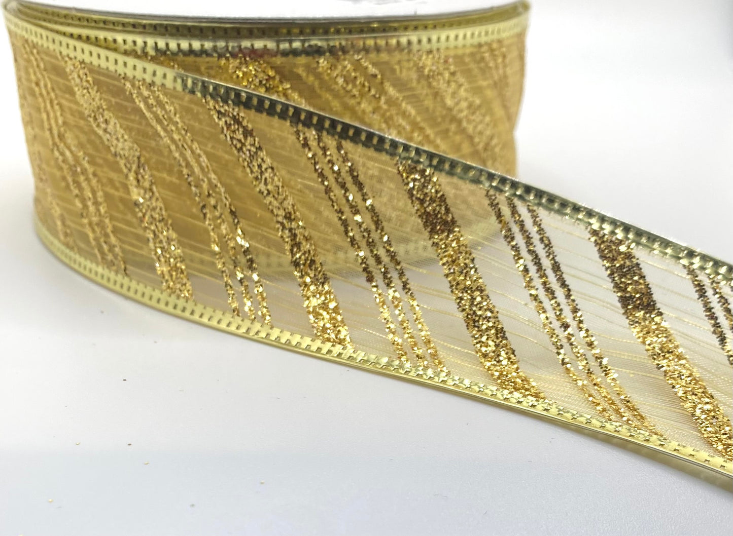 10 Yards - 1.5” Wired Gold Sheer Gold Glitter Diagonal Stripe Ribbon