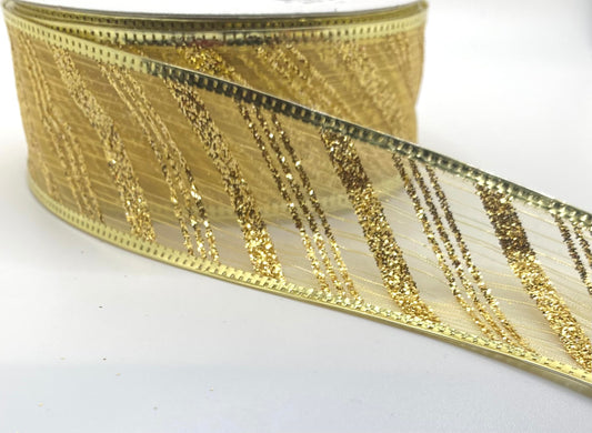 10 Yards - 1.5” Wired Gold Sheer Gold Glitter Diagonal Stripe Ribbon