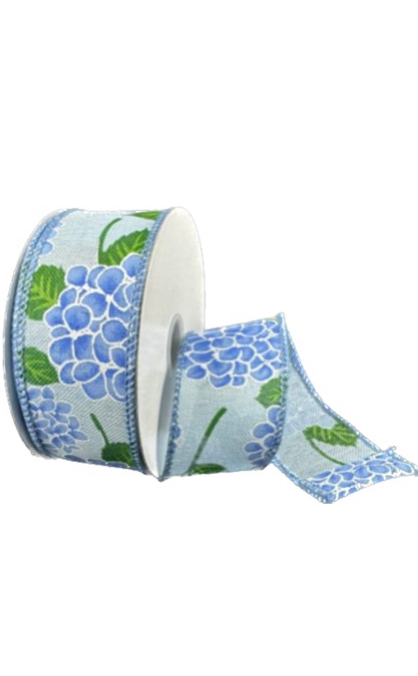 Wired Light Blue Dusty Blue Hydrangeas Ribbon- 1.5”x 10 Yards