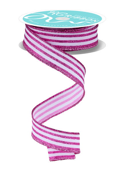 Wired White and Hot Pink Vertical Stripe Glitter Accent Ribbon- 7/8”x10 Yards