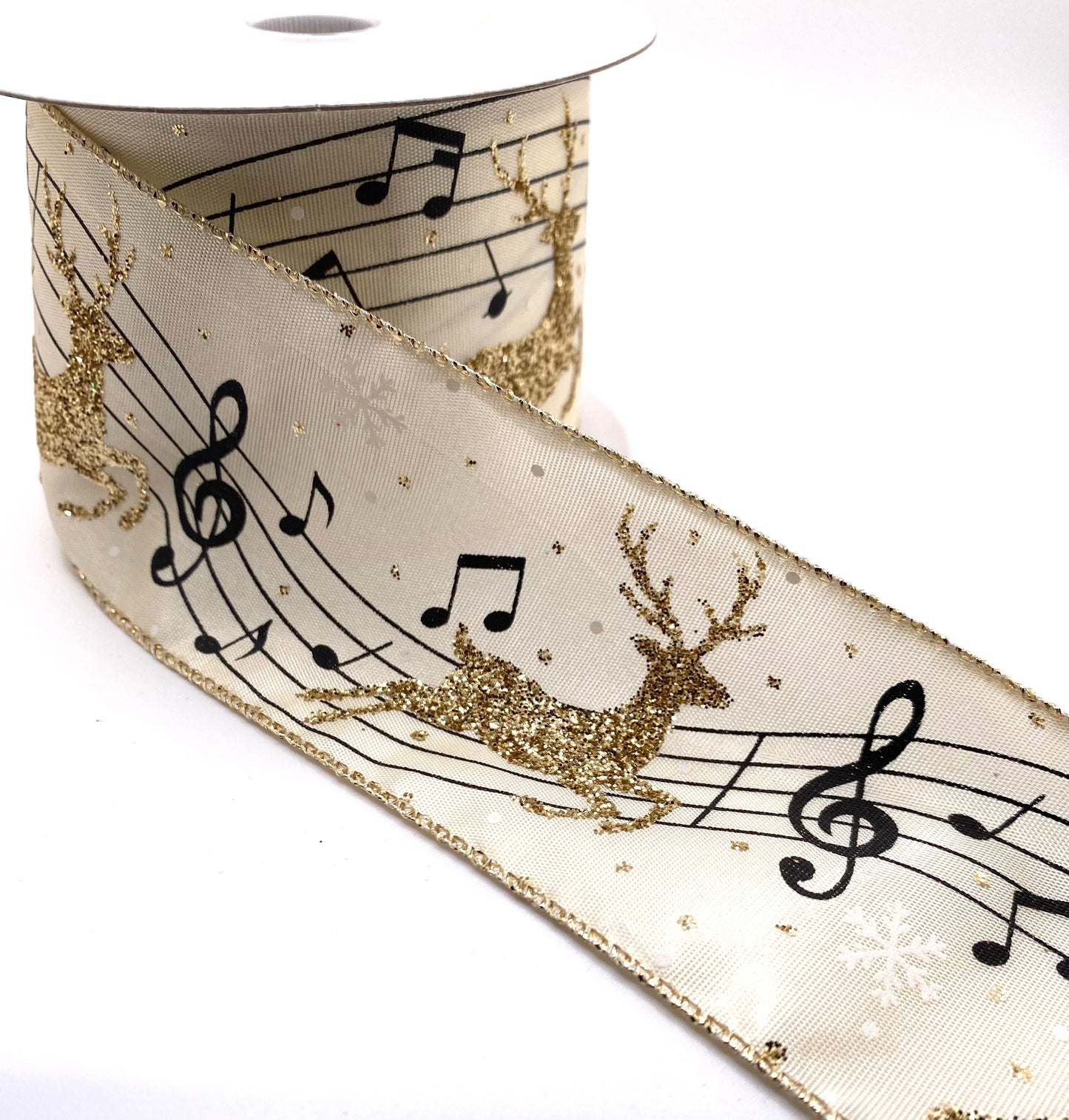 10 Yards - 2.5” Wired Champagne Gold Deer Musical Note Ribbon