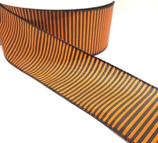 50 Yards - 2.5” Wired Black and Orange Thin Horizontal Stripe Ribbon