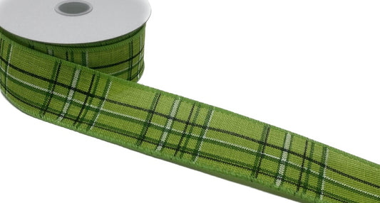 10 Yards - 1.5” Wired Lime Green, Black, and White Check Ribbon