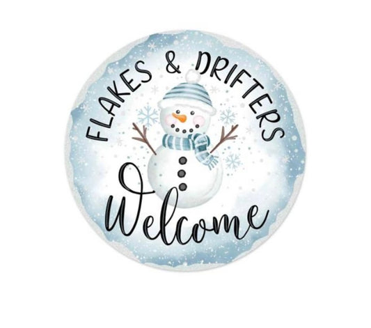 8” Flakes and Drifters Welcome Winter Snowman Wreath Sign