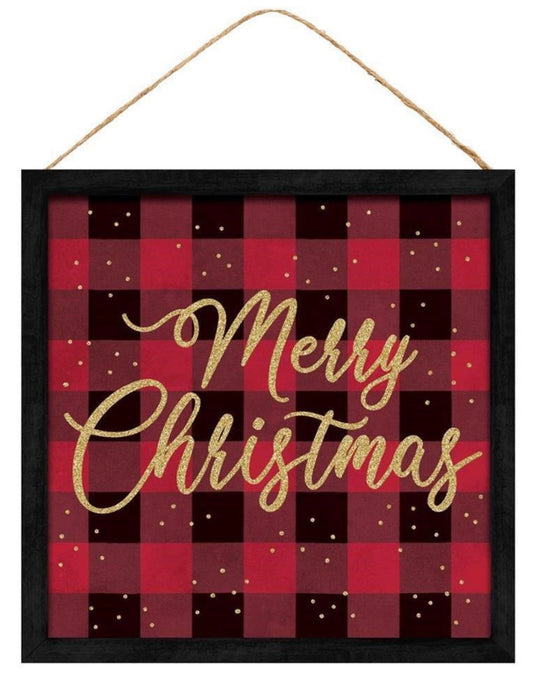 10” Square Merry Christmas Red and Black Check Background Wreath Sign with Gold Glitter Accent