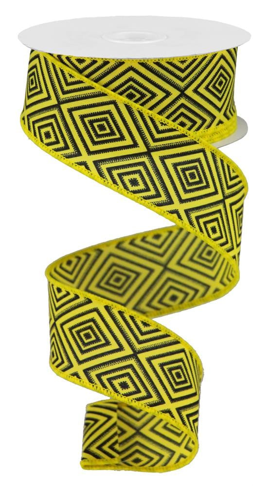 Diamond Pattern Ribbons 10 Yards - 1.5” Wired Black and Yellow Diamond Pattern Ribbon ...
