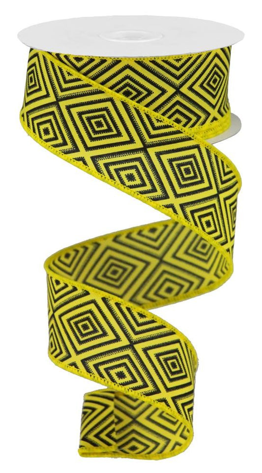 10 Yards - 1.5” Wired Black and Yellow Diamond Pattern Ribbon