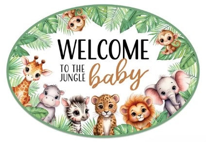 15”x10.35" Oval Welcome To The Jungle Baby Wreath Sign