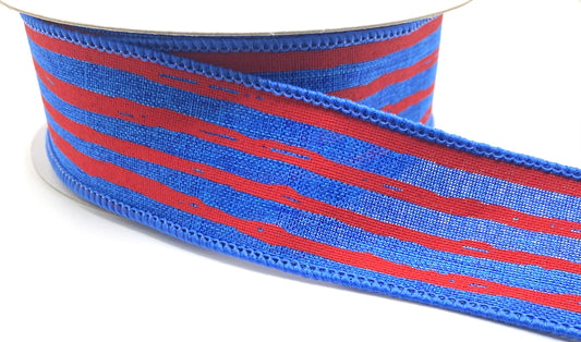 1.5” x 10 Yards Wired Blue and Red Irregular Striped Ribbon