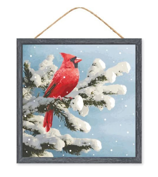 10” Square Cardinal on Snow Branch Wreath Sign