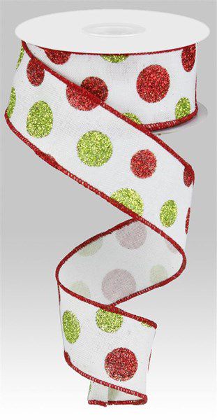 10 Yards - 1.5” Wired Red and Green Glitter Polka Dot Ribbon