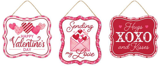 3 Piece Valentines Day Sign Set - 7”x6” Metal Valentines Wreath Signs