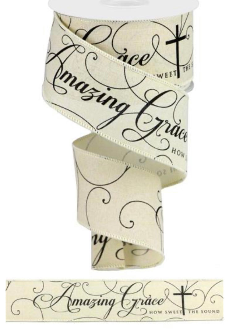 10 Yards - 2.5” Wired Cream and Black Amazing Grace Religious Ribbon