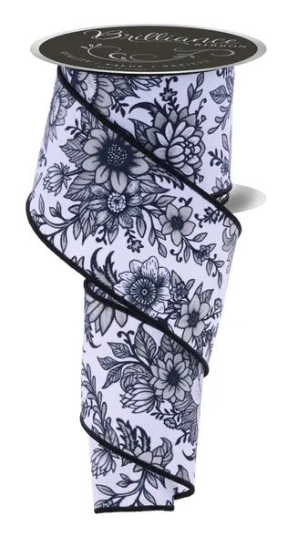 Wired Black and White Florals Ribbon- 2.5”x10 Yards