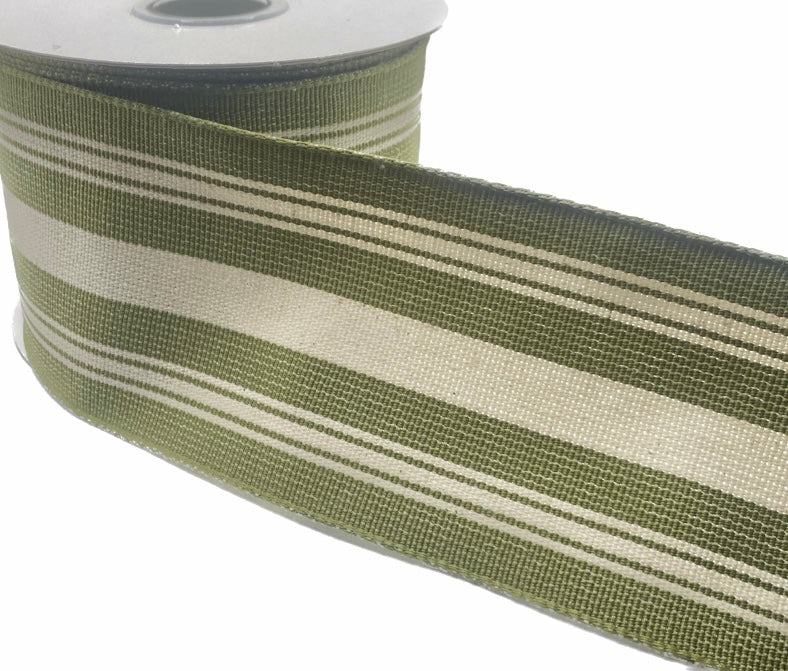 10 Yards - 2.5" Wired Woven Wide Moss Green Ticking Ribbon