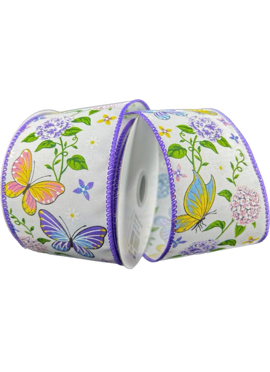 10 Yards - 2.5" Wired White Satin Butterfly and Flower with Purple Trim Ribbon