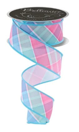 Wired Pink, Blue, and White Plaid Ribbon- 1.5”x10 Yards