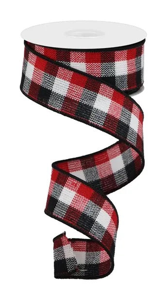 Wired Red, Black, and White Check Ribbon - Winter Ribbon - Christmas Ribbon- 1.5”x10 Yards
