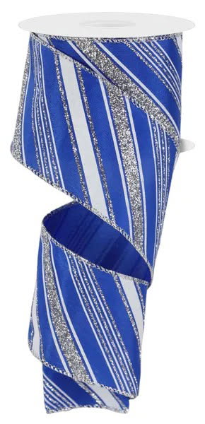 Wired Blue and White Silver Glitter Swirl Stripe Ribbon- 2.5”x10 Yards
