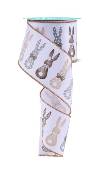 10 Yards - 2.5” Wired Easter Bunny Silhouette White Background Ribbon