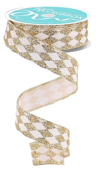 Wired Cream and Gold Harlequin Ribbon- 7/8”x10 Yards