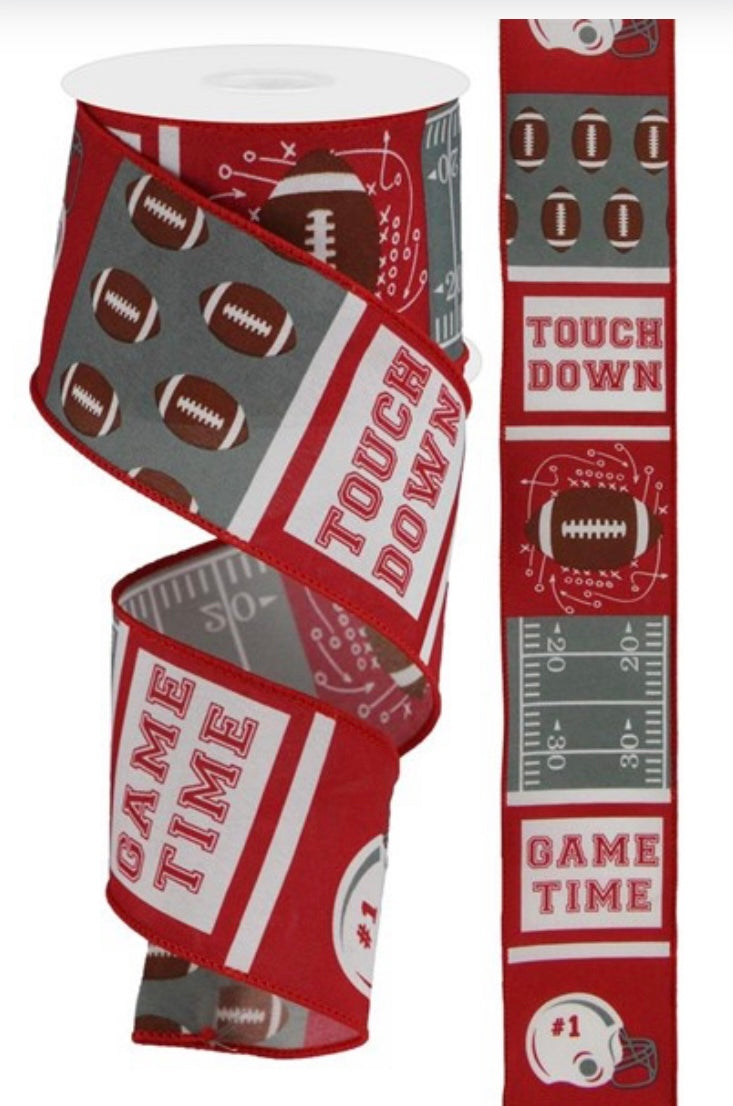 10 Yards - 2.5” Wired Red, Gray and White Football Ribbon