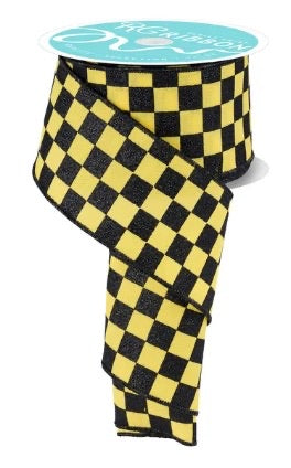 Wired Yellow and Black Print Glitter Check Ribbon- 2.5”x10 Yards