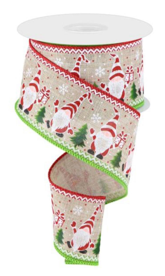 10 Yards - 2.5" Wired Natural Background Christmas Gnome with Red and Green Trim Ribbon