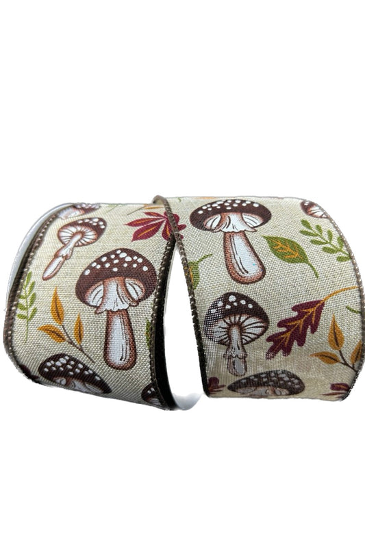 Wired Natural Linen Earthy Fall Mushrooms Ribbon- 2.5”x10 Yards