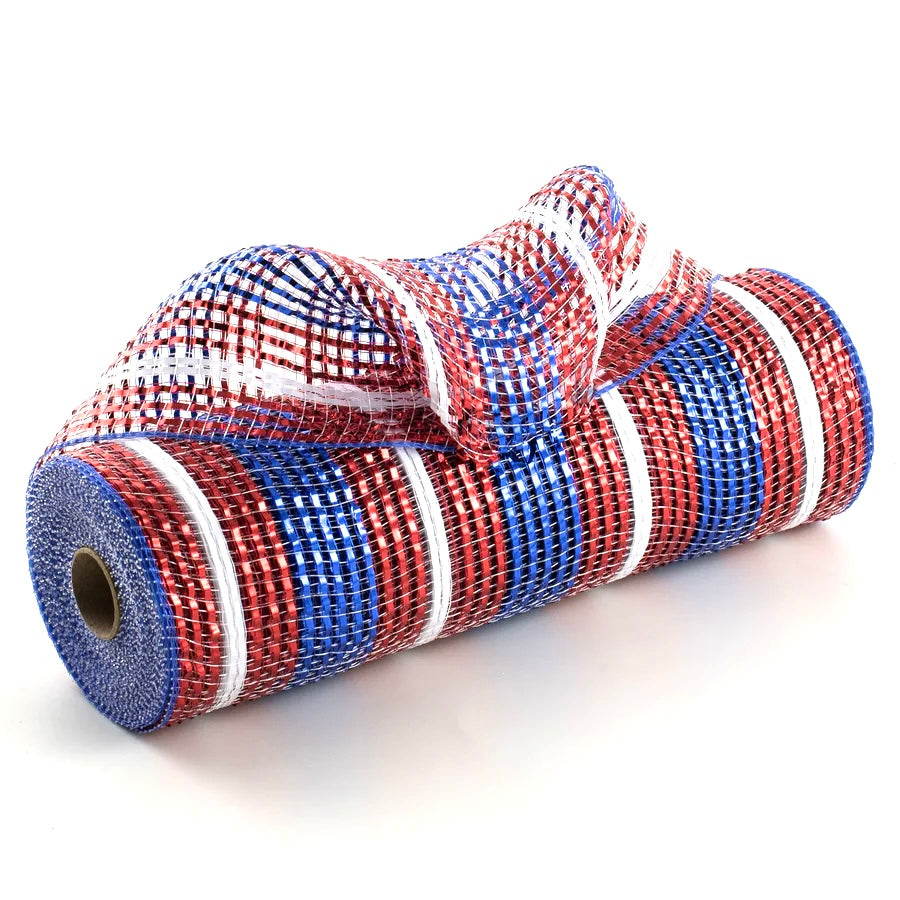 10”x 10 Yards Red, White and Blue Metallic Stripe Mesh