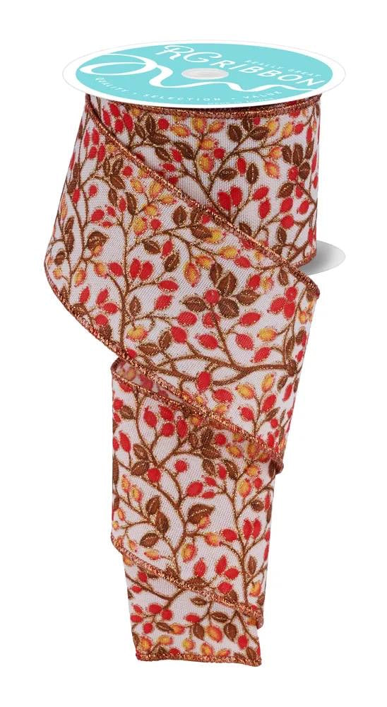 Wired Mini Berries and Vines Ribbon- 2.5”x10 Yards
