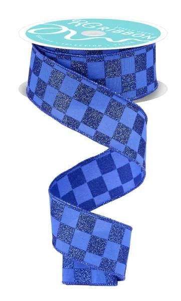 Wired Blue Print Glitter Check Ribbon- 1.5”x10 Yards