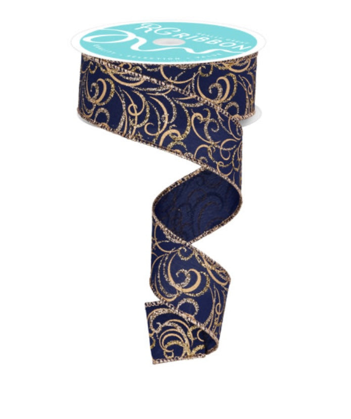 10 Yards - 1.5” Wired Navy and Gold Multi Swirl Glitter Ribbon