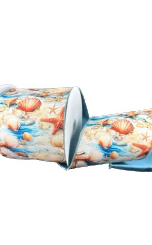 Wired Double Sided Starfish-Shells-TidePool Dusty Blue Dupioni Back Ribbon- 4”x10 Yards