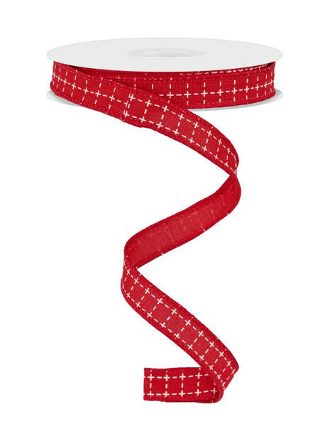 Wired Red and White Raised Stitch Squares Ribbon- 5/8”x10 Yards