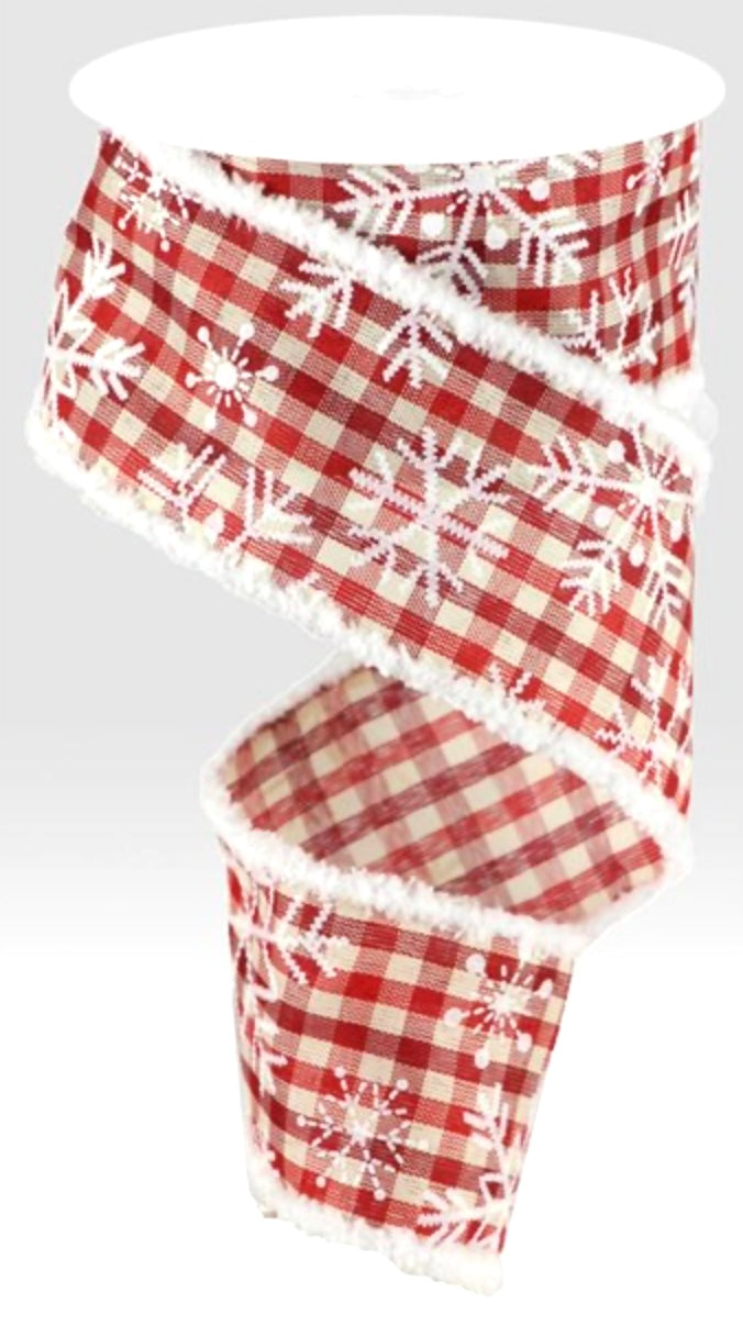 10 Yards - 2.5" Wired Red and Cream Check Snowflake Snowdrift Edge Ribbon